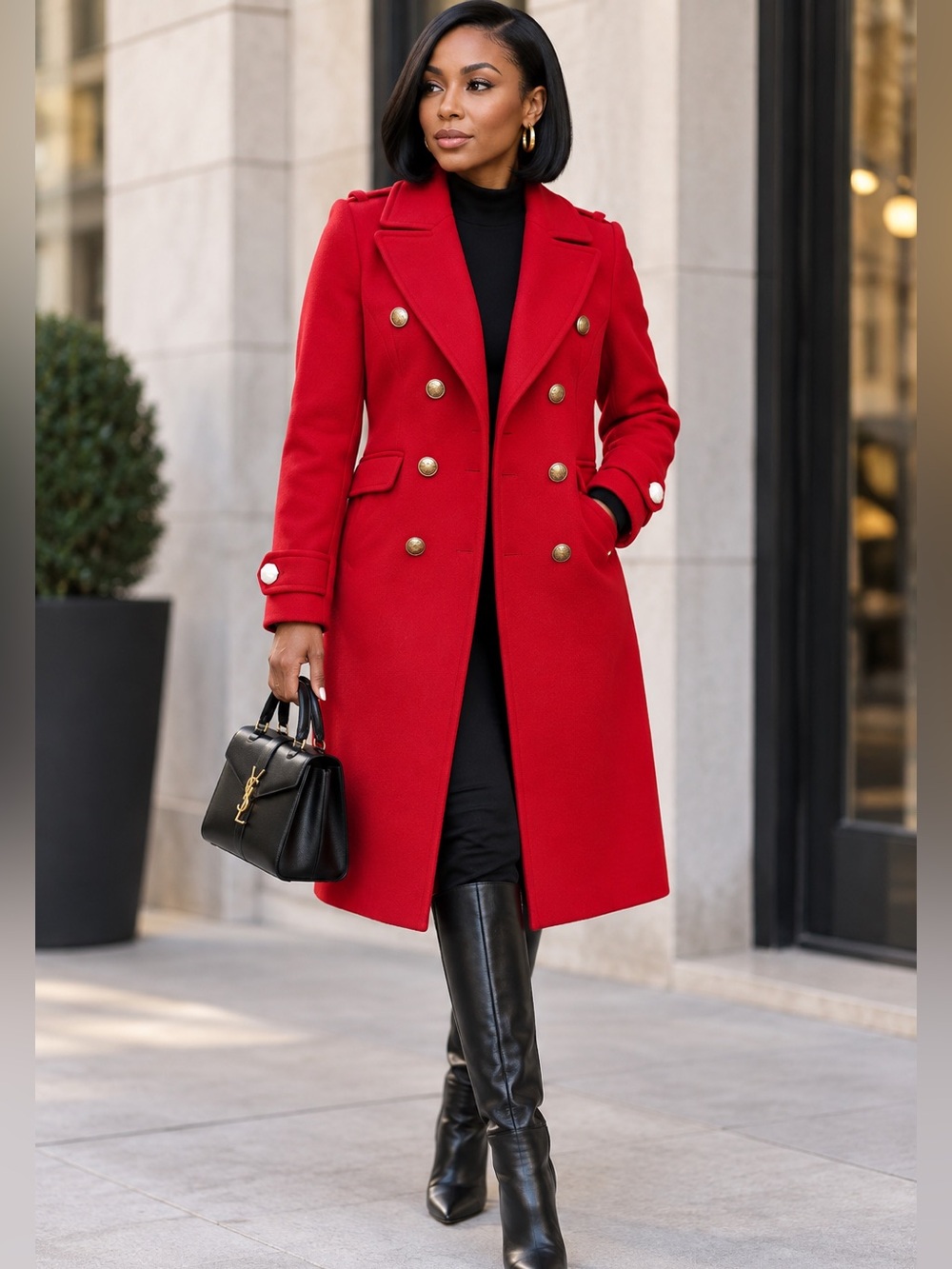 Express Red Double-Breasted military style Coat with Gold Buttons